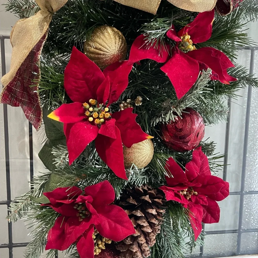 **Burgundy Poinsettia Christmas Teardrop Swag Wreath Front door